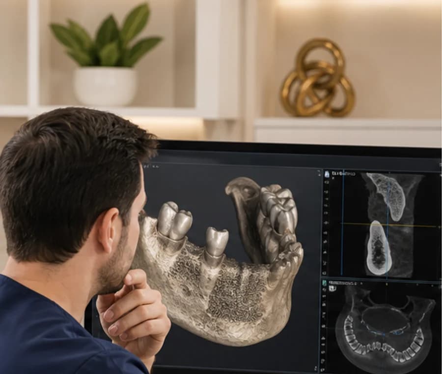 Dentist measuring available jawbone on a 3D scan