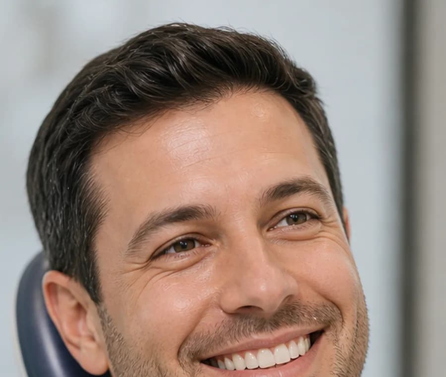 Patient showing a natural smile after fixed restorative treatment