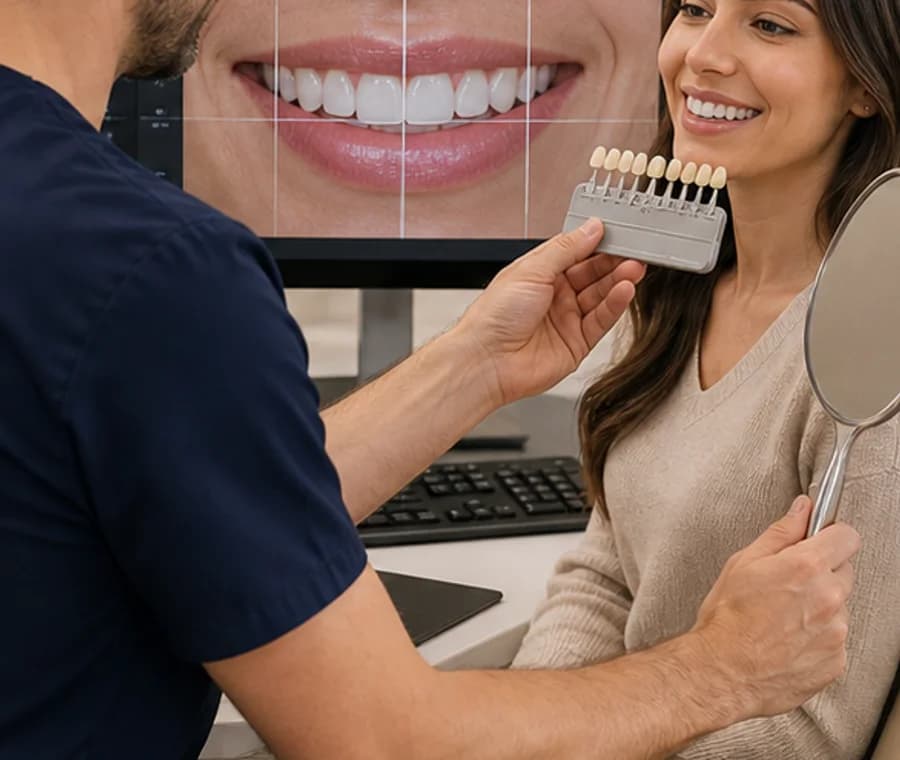 Dentist planning smile proportions and selecting veneer shade