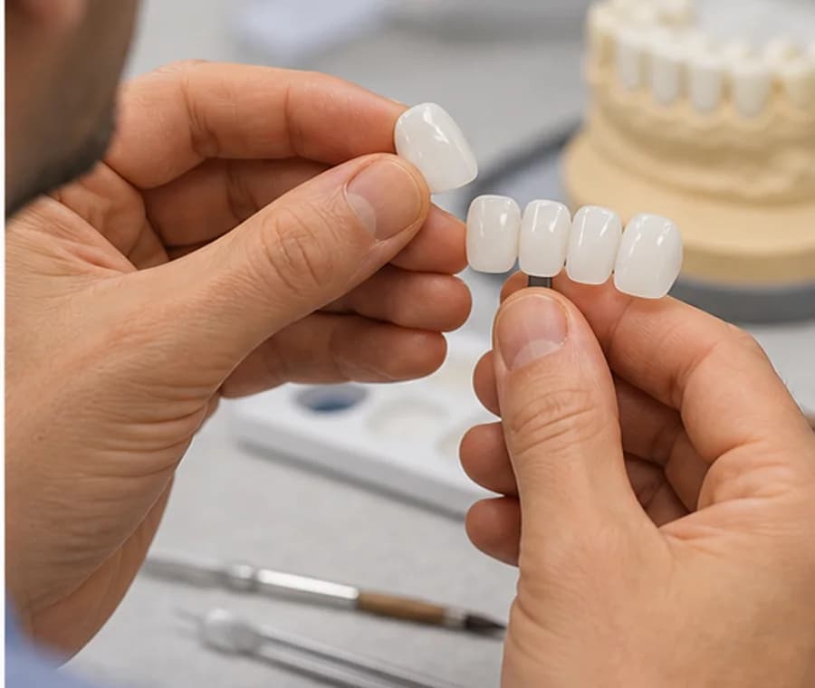 Dental technician inspecting fine ceramic veneers