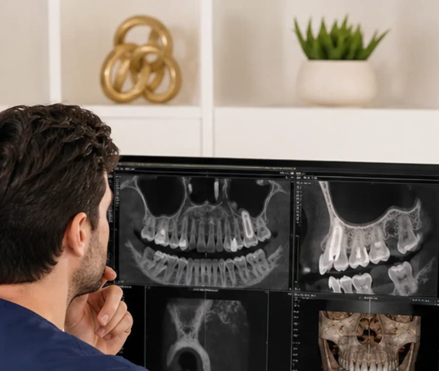 Dentist reviewing a detailed 3D scan before sinus lift treatment